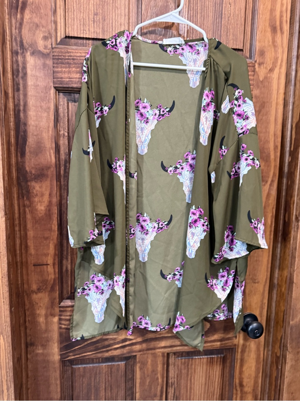 Olive Floral Skull Print Open Front Women's Top